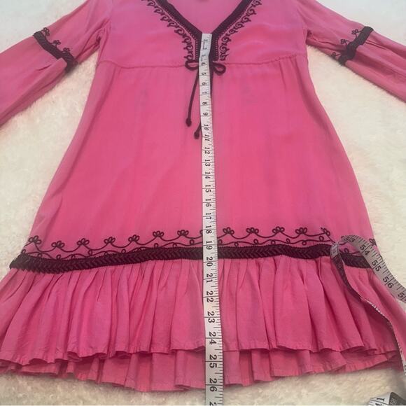 Moda International Embroidered Pink Long Sleeve Dress with Brown Trim Size M - Picture 11 of 15